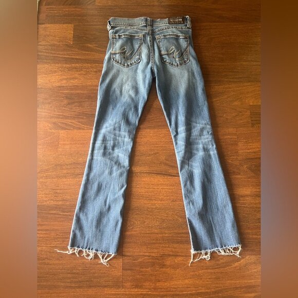 Express Stretch Barely Boot Jeans 4S Mid Rise Raw Hem Blue Denim - Picture 5 of 6